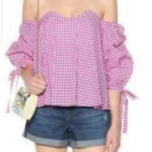 Caroline Constas Gabrielle Off Shoulder Top Gingham Pink White